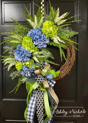 18" Hydrangea Floral Wreath - Blue/Green