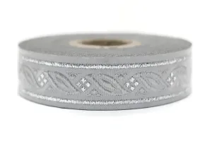 20 mm Grey Silver Leaf Tendril 0.78 (inch) | Leaf Tendril Ribbon | Embroidered Woven Leaf Ribbon | Jacquard Ribbon | 20 mm Wide | OZV01