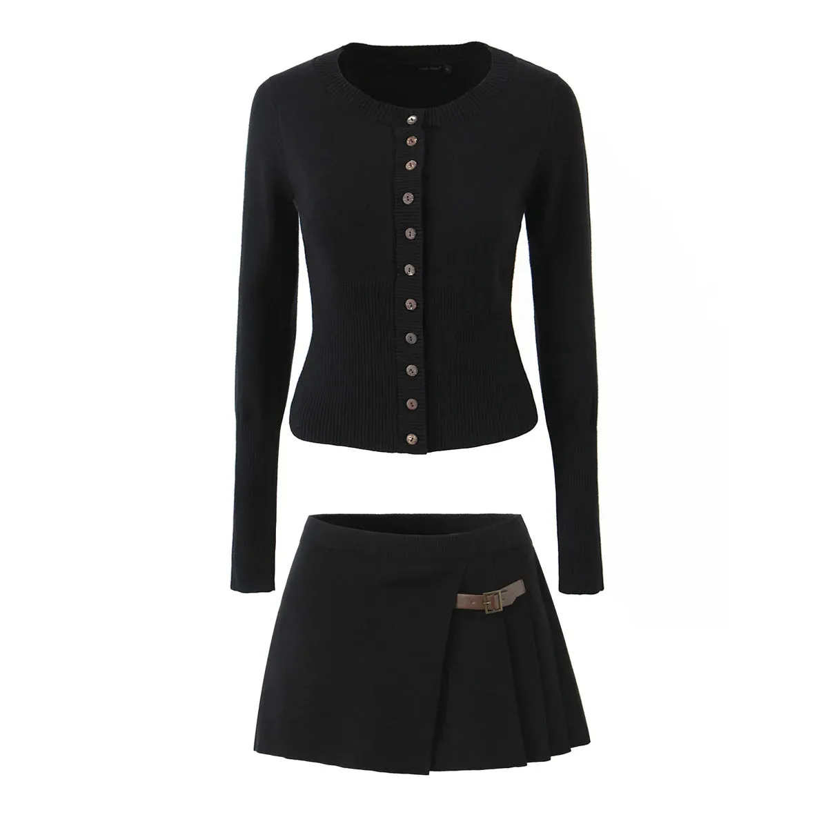 A&A Knitted Crew Neck Cardigan And  Waist Pleated Slit Hem Mini Skirt Set