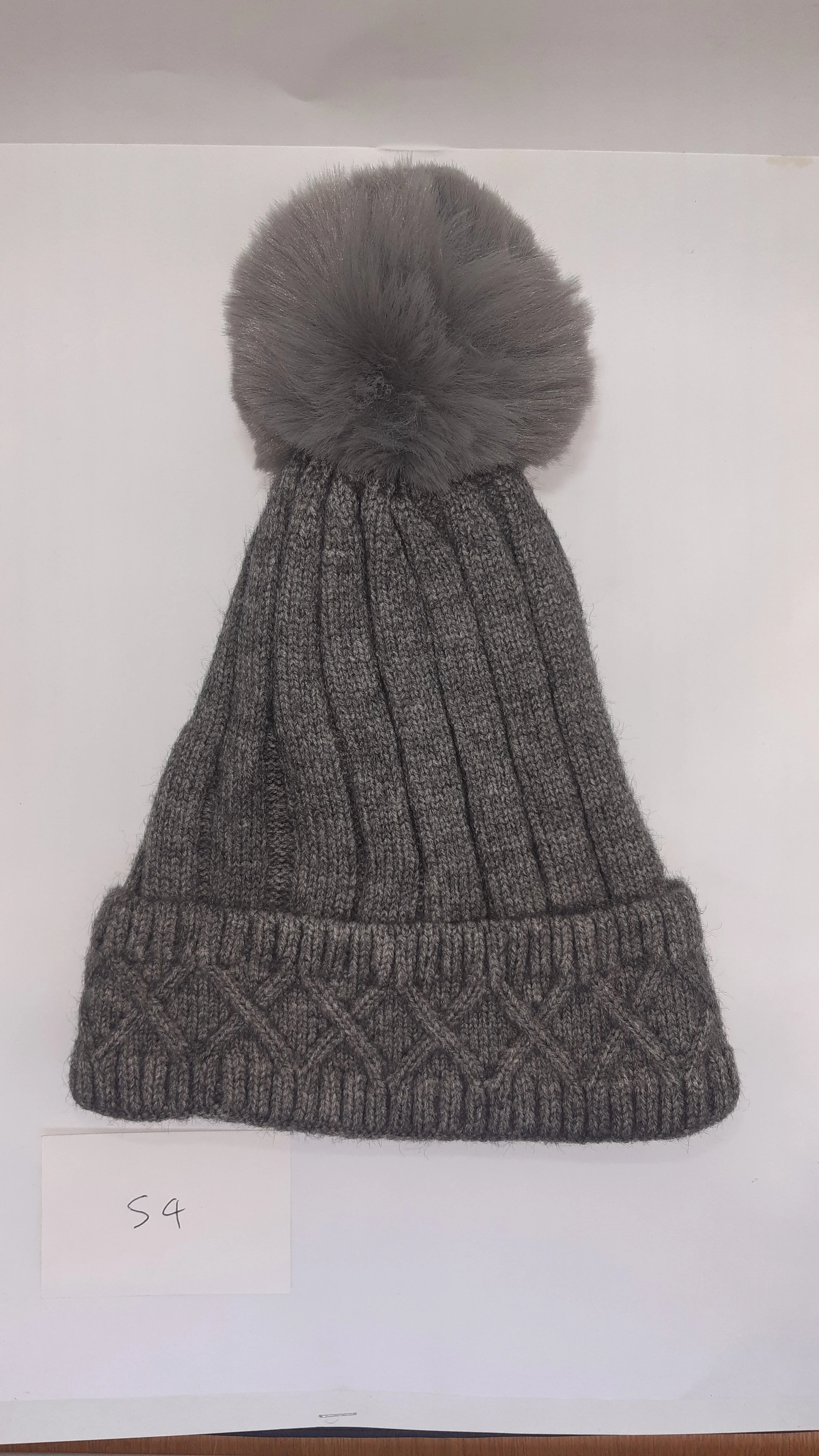 ACRYLIC PLAIN RIBBED WITH  CABLE TURN UP POM POM HAT AW23-RMD-54