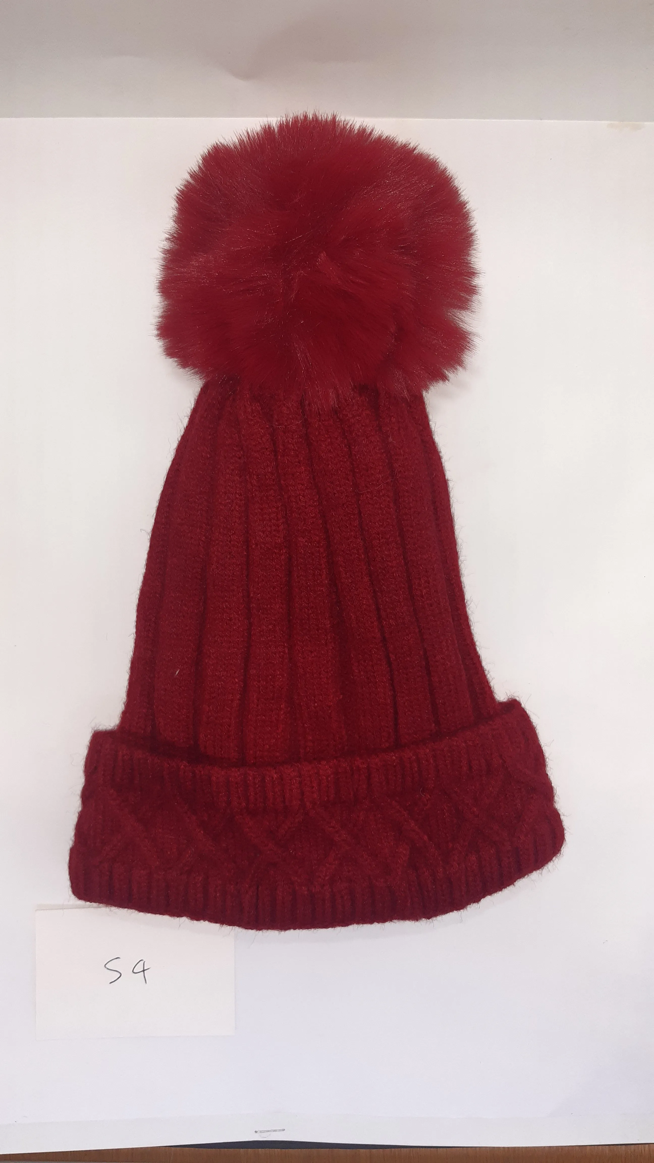 ACRYLIC PLAIN RIBBED WITH  CABLE TURN UP POM POM HAT AW23-RMD-54