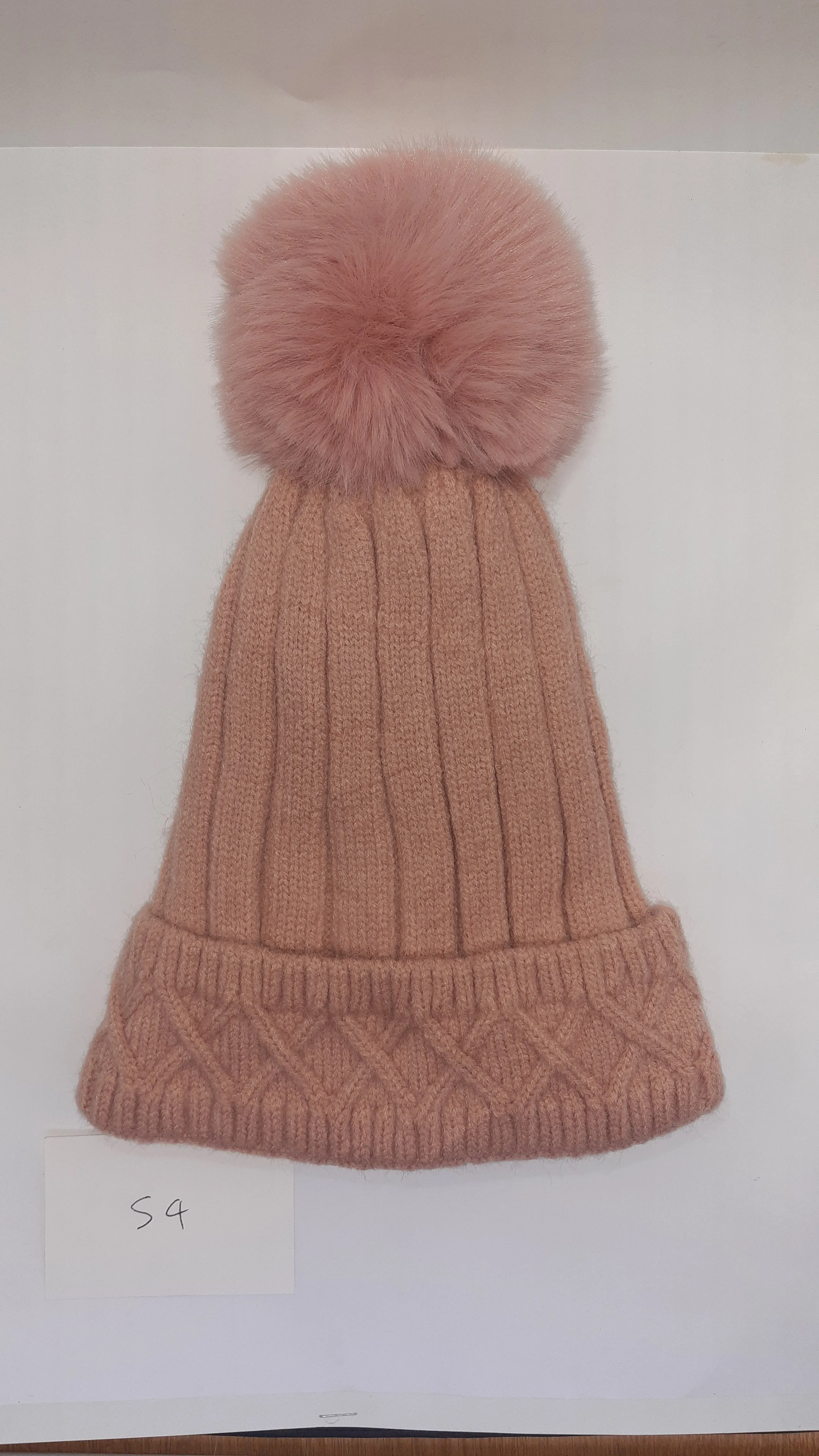 ACRYLIC PLAIN RIBBED WITH  CABLE TURN UP POM POM HAT AW23-RMD-54