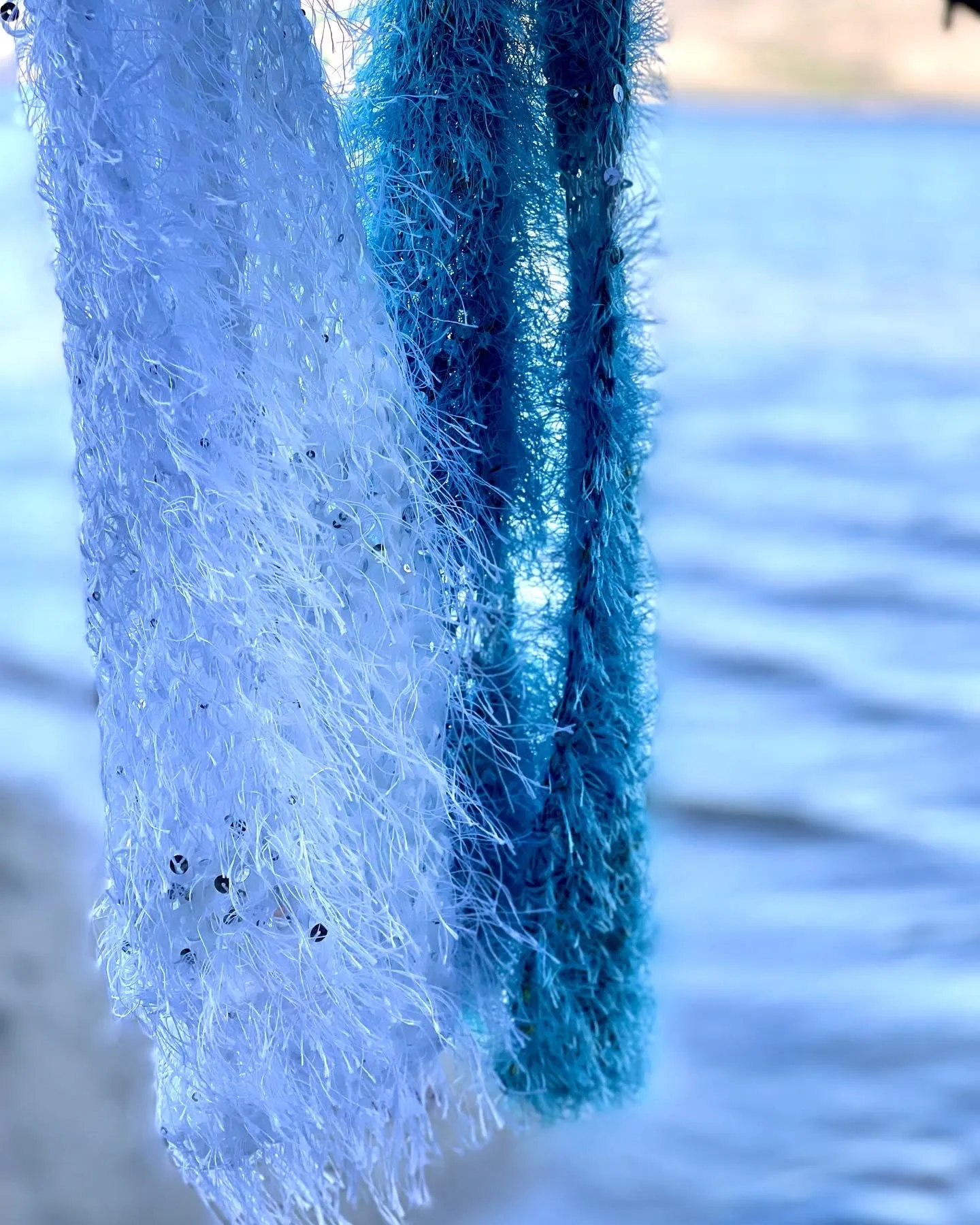 Aquamarine Hand Knitted Scarf for Women, Soft Eyelash Fur