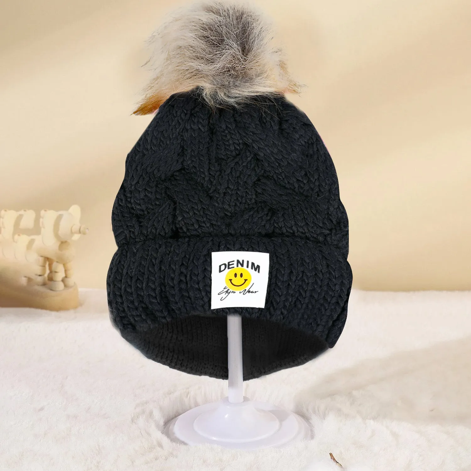 Baby Moo Pom Pom Knitted Woollen Cap - Black