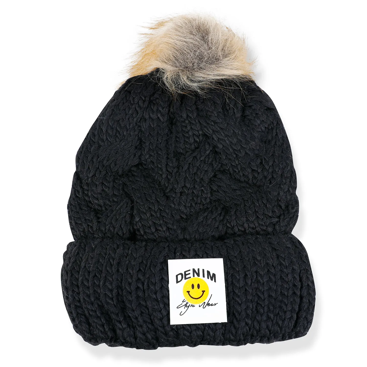 Baby Moo Pom Pom Knitted Woollen Cap - Black