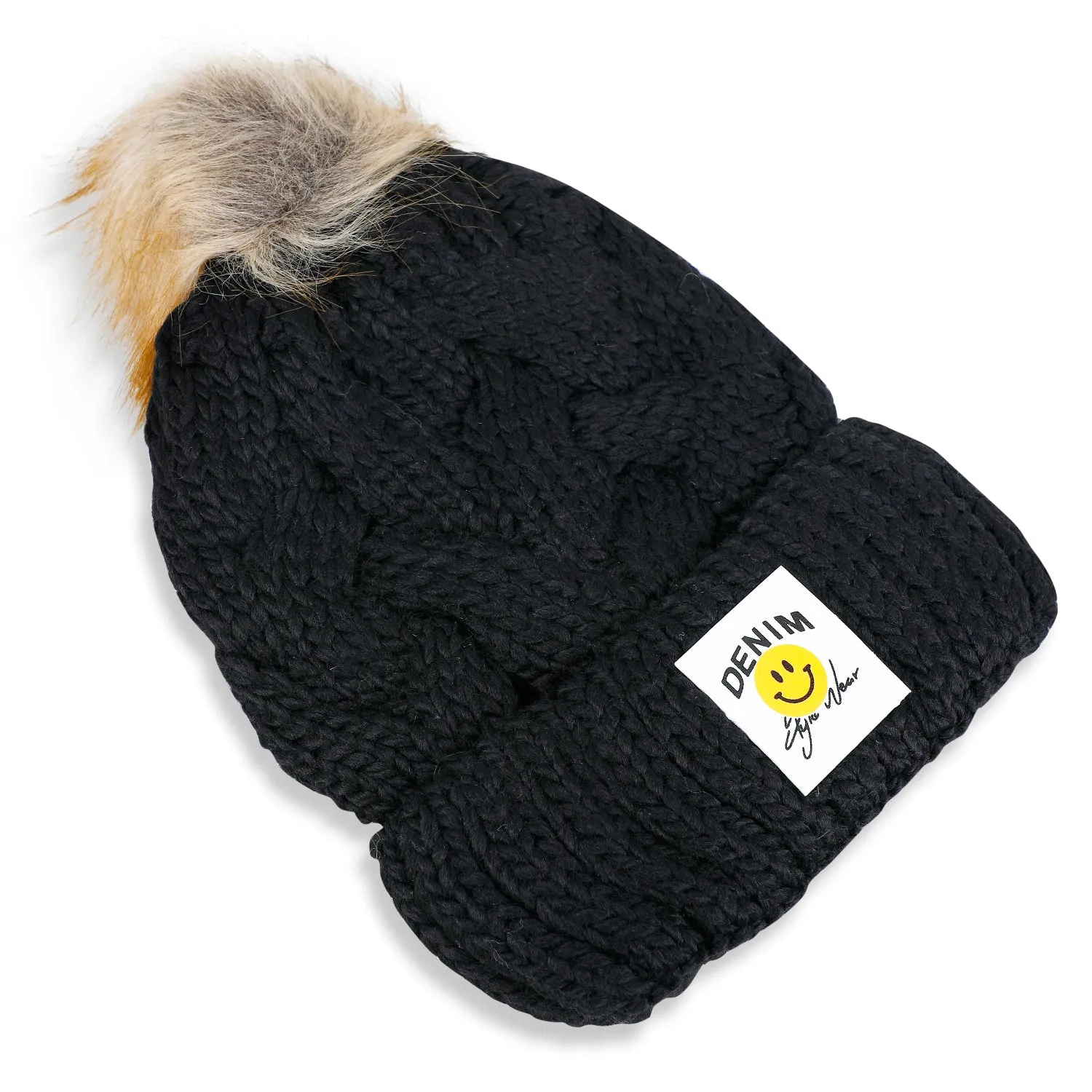 Baby Moo Pom Pom Knitted Woollen Cap - Black