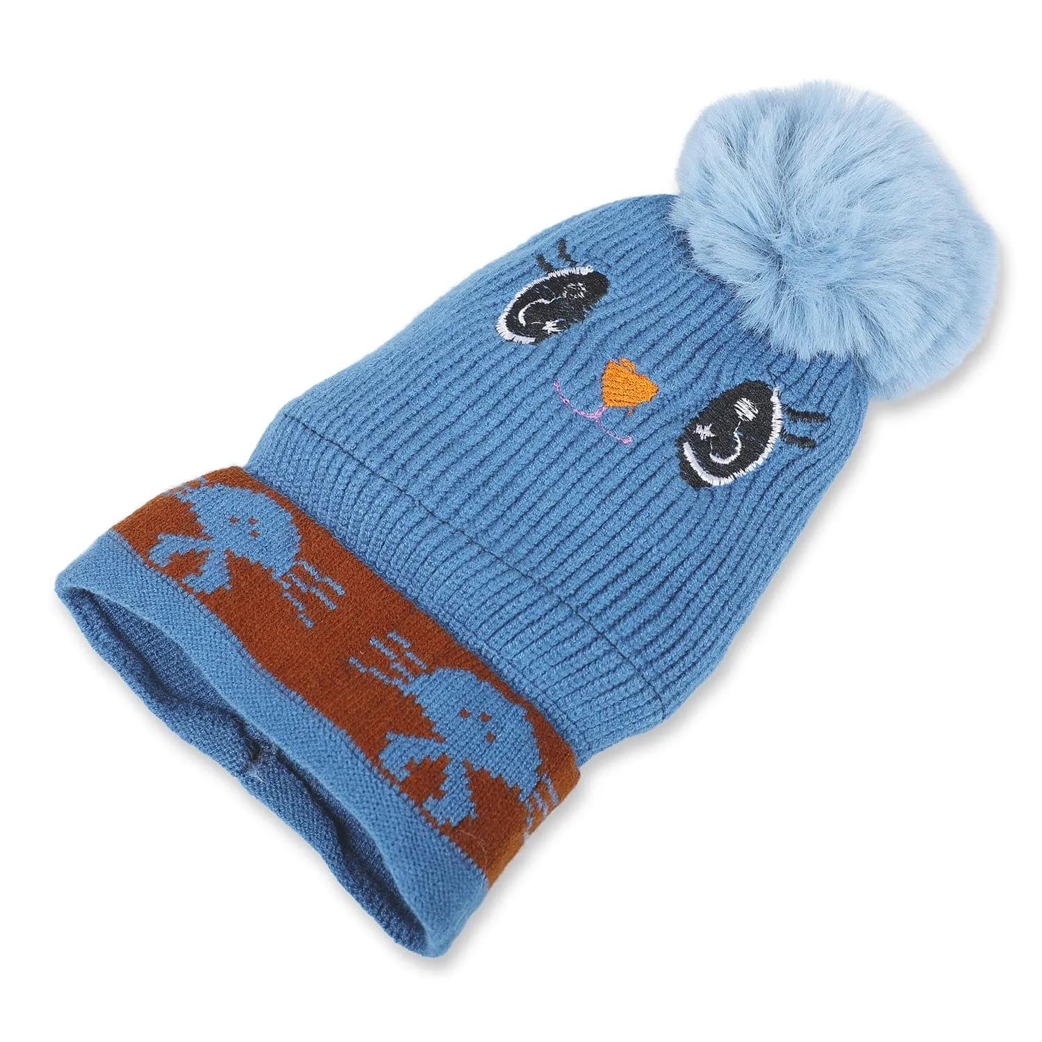 Baby Moo Tweety Eyes Pom Pom Woollen Cap - Blue