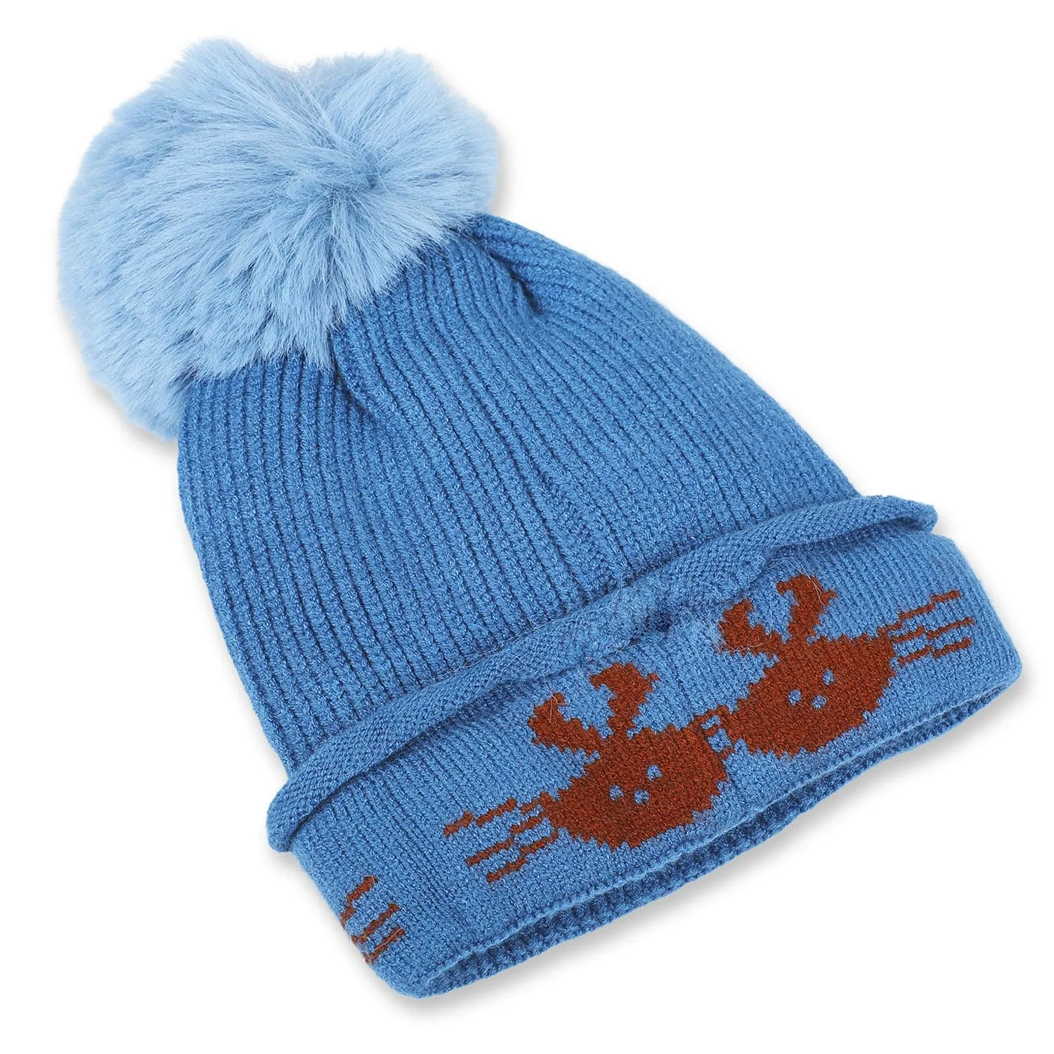 Baby Moo Tweety Eyes Pom Pom Woollen Cap - Blue