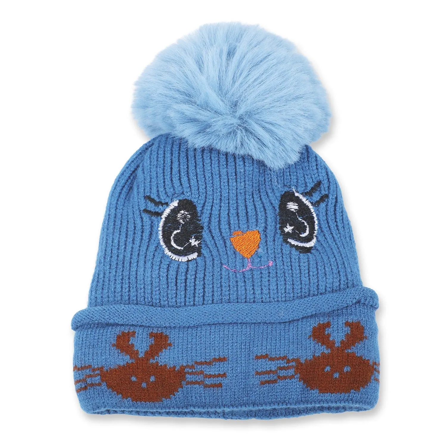 Baby Moo Tweety Eyes Pom Pom Woollen Cap - Blue