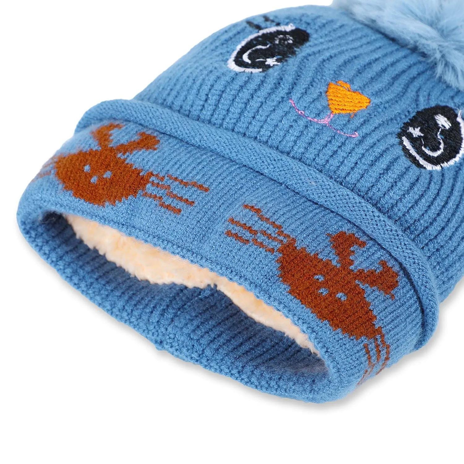 Baby Moo Tweety Eyes Pom Pom Woollen Cap - Blue