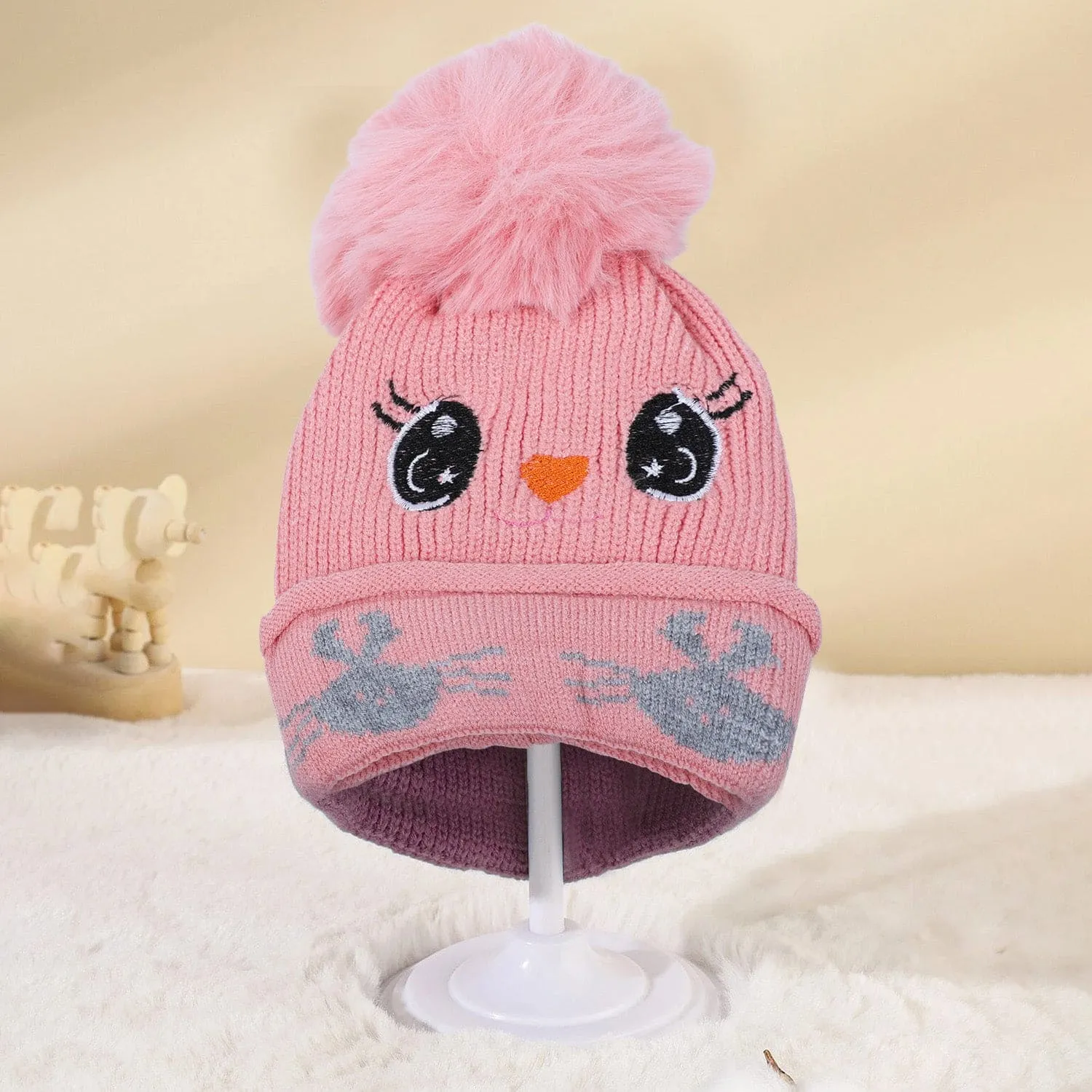 Baby Moo Tweety Eyes Pom Pom Woollen Cap - Peach