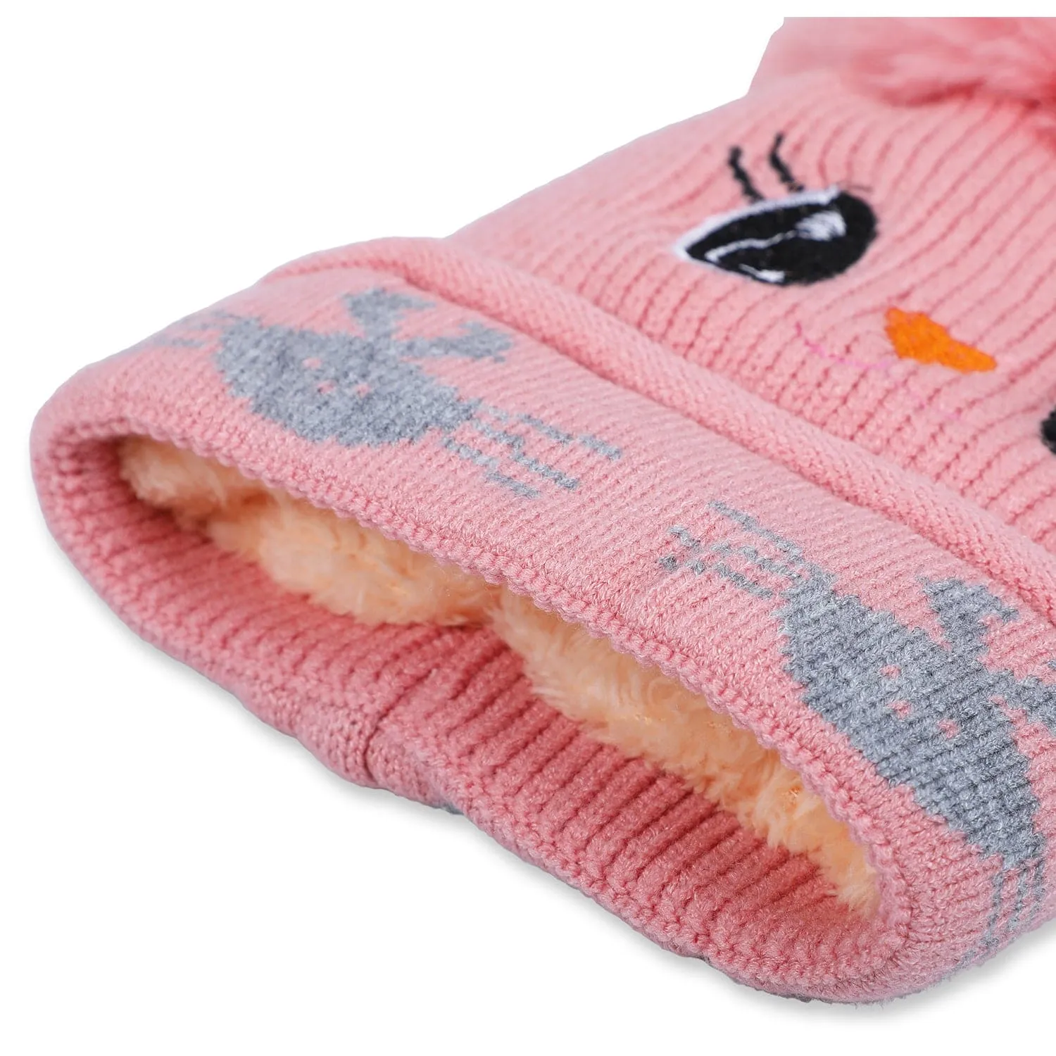 Baby Moo Tweety Eyes Pom Pom Woollen Cap - Peach