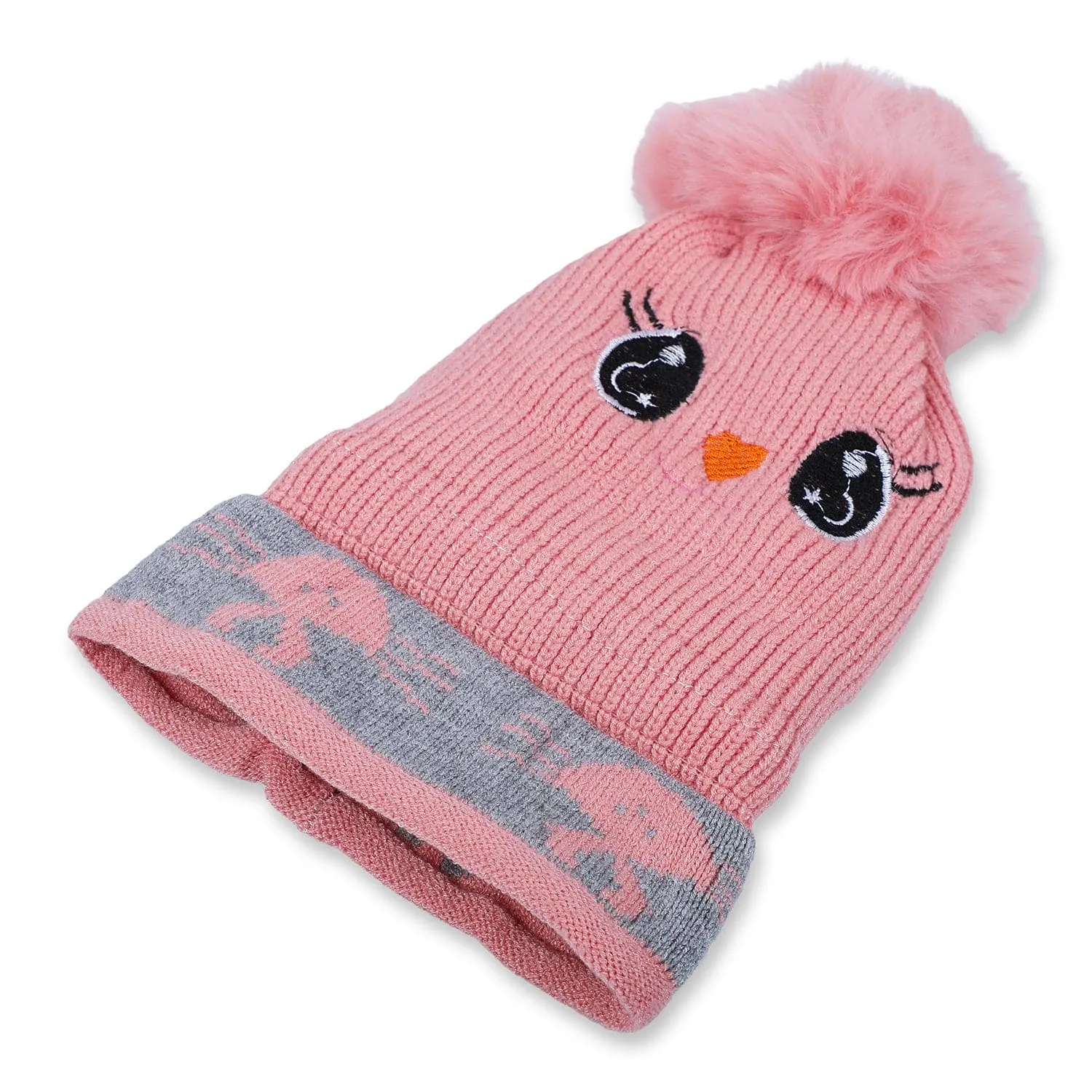 Baby Moo Tweety Eyes Pom Pom Woollen Cap - Peach