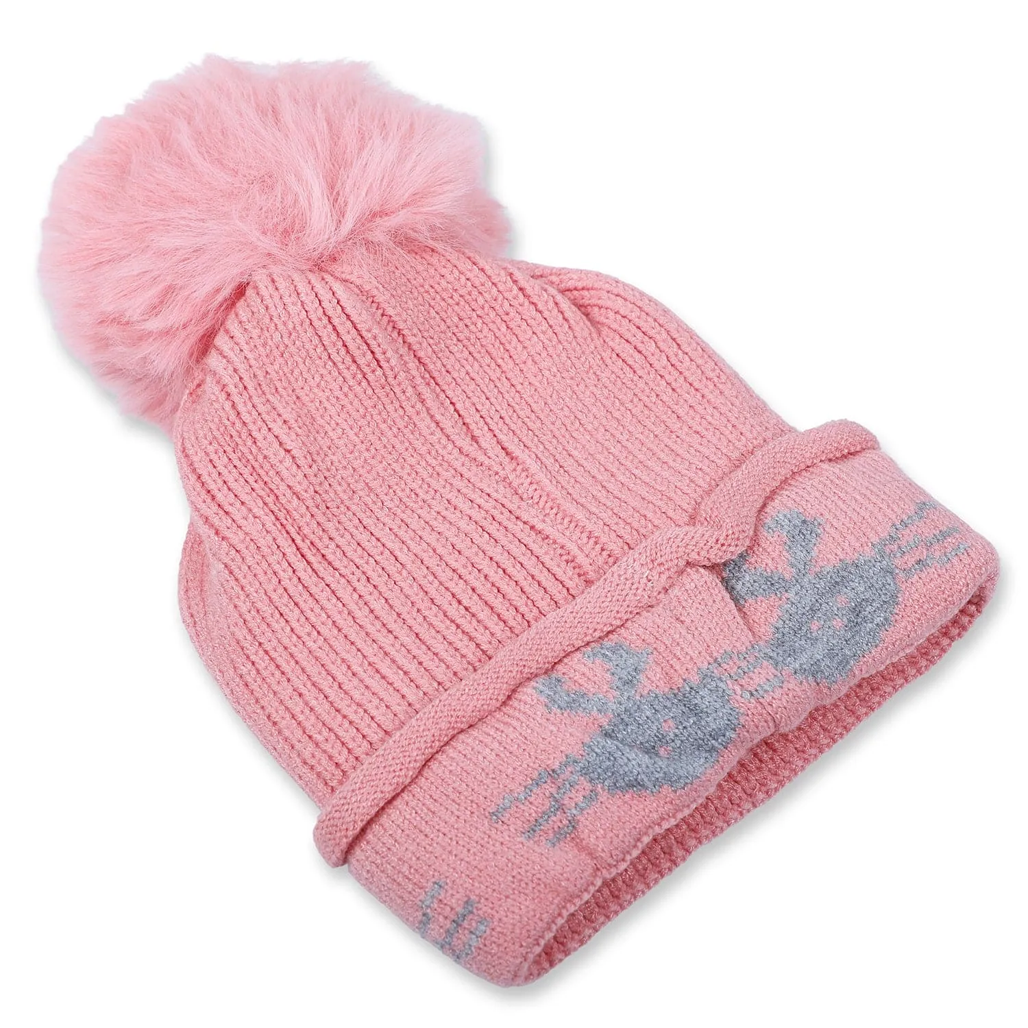 Baby Moo Tweety Eyes Pom Pom Woollen Cap - Peach