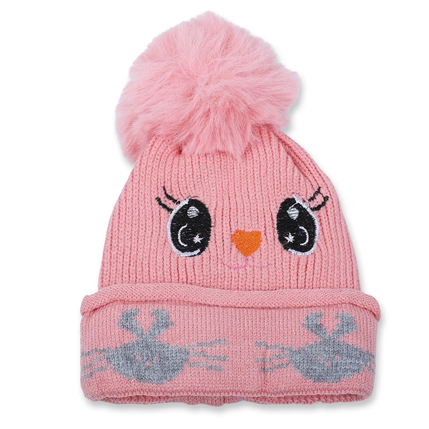 Baby Moo Tweety Eyes Pom Pom Woollen Cap - Peach