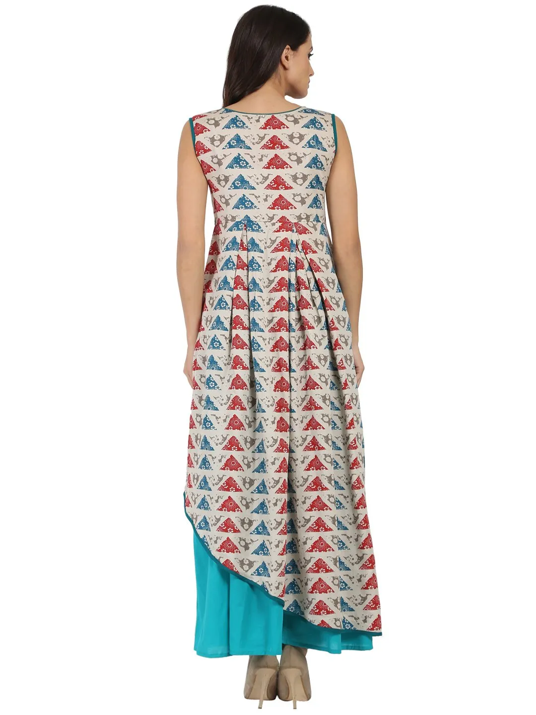 Blue printed sleeveless cotton A-line kurta with blue Palazzo