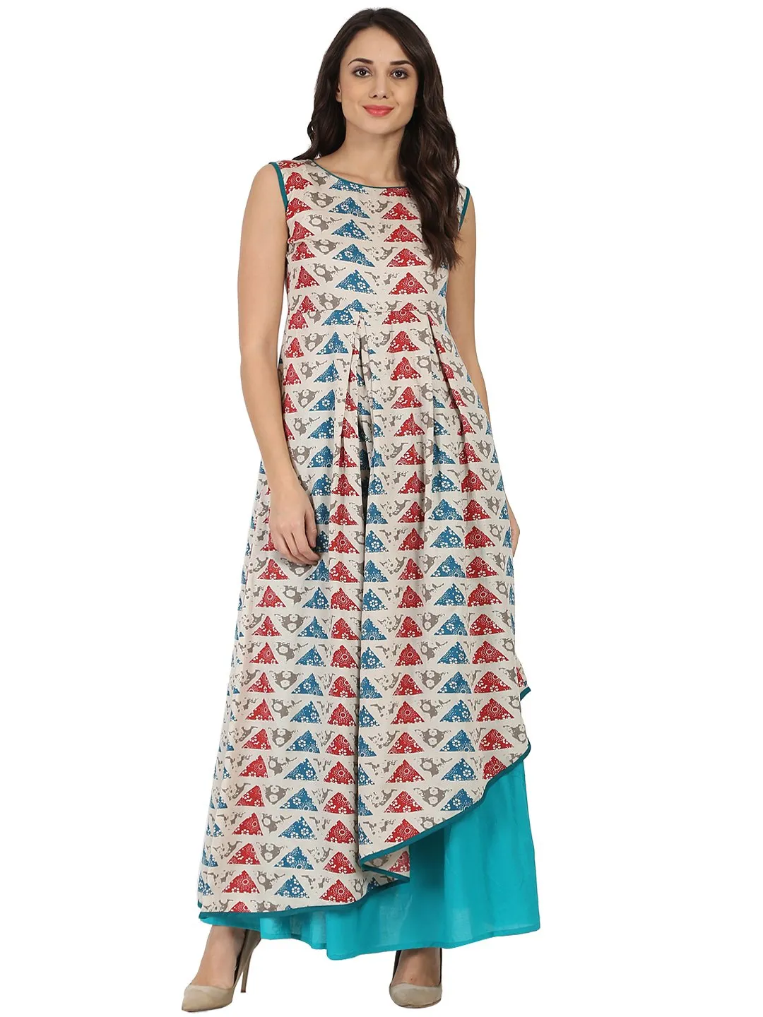 Blue printed sleeveless cotton A-line kurta with blue Palazzo