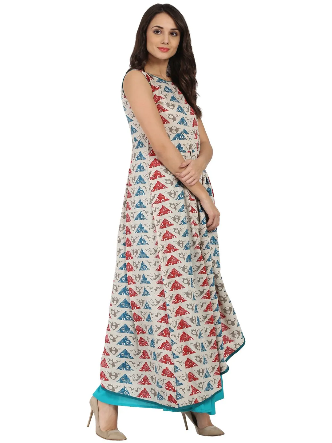 Blue printed sleeveless cotton A-line kurta with blue Palazzo