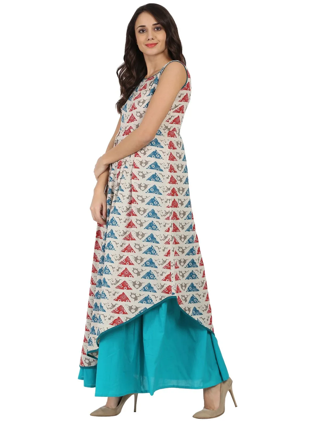 Blue printed sleeveless cotton A-line kurta with blue Palazzo