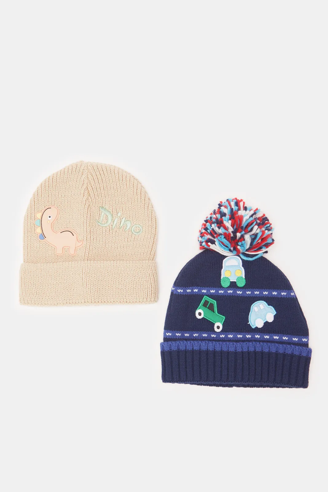 Boys Beige And Navy Knitted Cap Set (2 Piece)