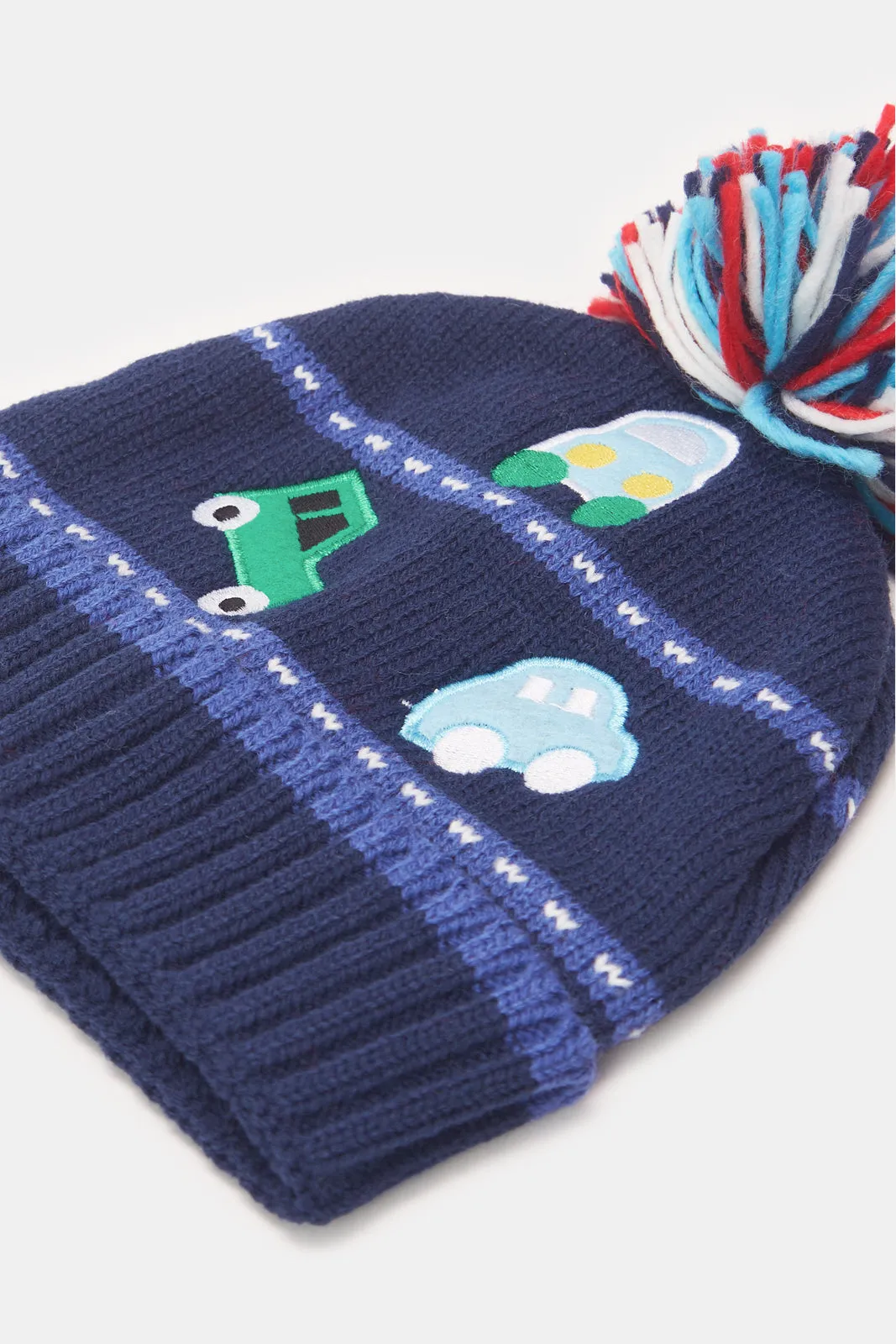 Boys Beige And Navy Knitted Cap Set (2 Piece)