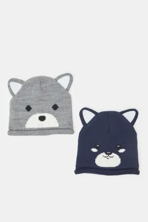 Boys Grey And Navy Knitted Cap Set (2 Piece)