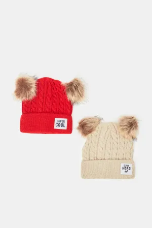 Boys Red And Beige Knitted Cap Set (2 Piece)