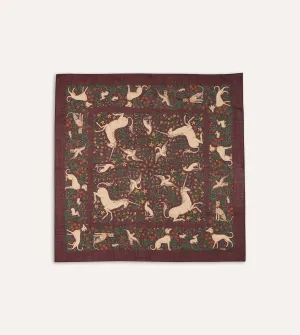 Burgundy Unicorn Print Wool-Silk Square Scarf