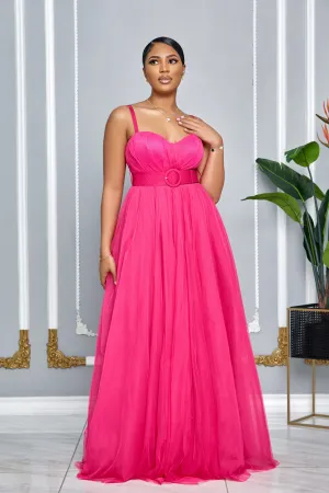 CHARMING SWEETHEART NECKLINE BELTED TULLE GOWN (FUCHSIA)