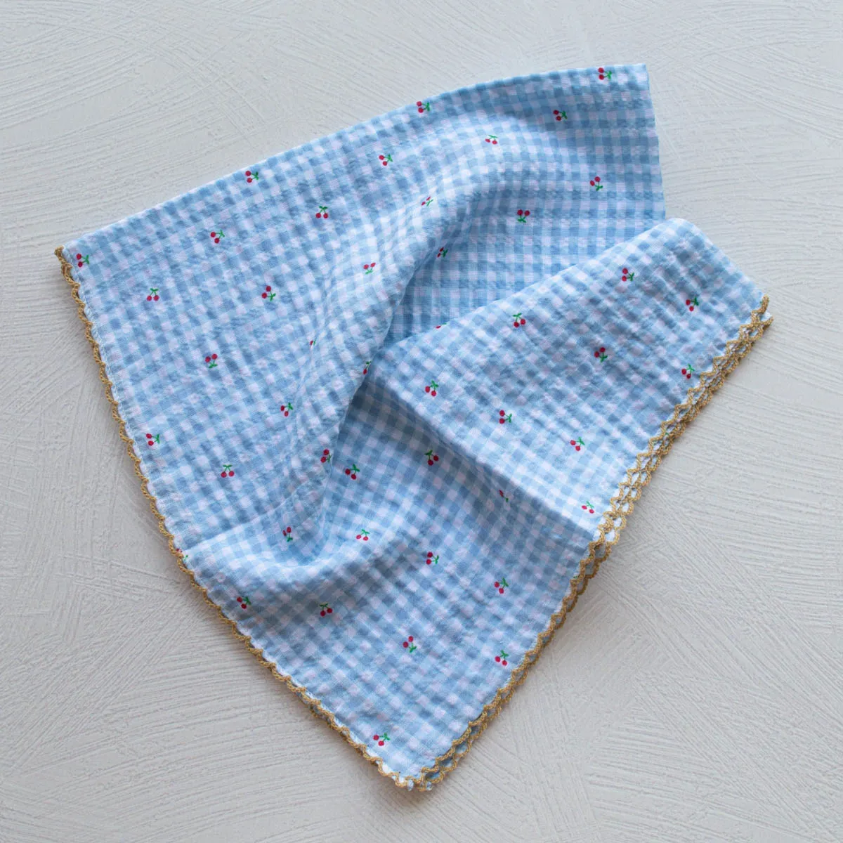 Cherry & Gingham Square Scarf in Blue