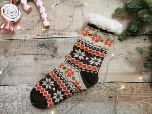 Chocolate Fairisle Fleece Lined Chunky Knit Slipper Socks