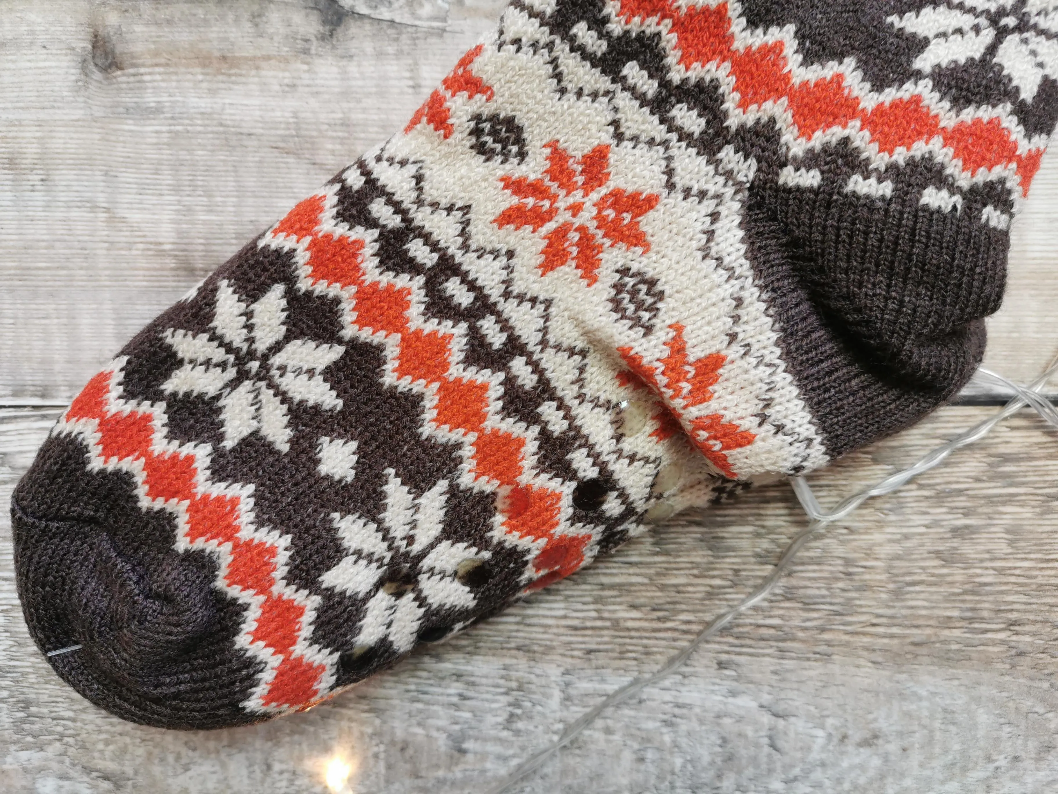 Chocolate Fairisle Fleece Lined Chunky Knit Slipper Socks