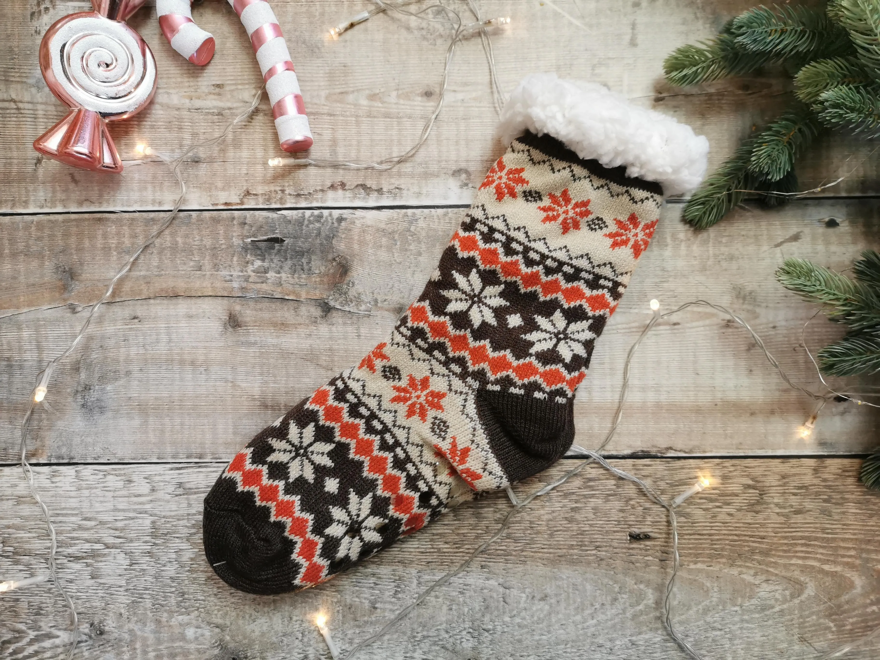 Chocolate Fairisle Fleece Lined Chunky Knit Slipper Socks