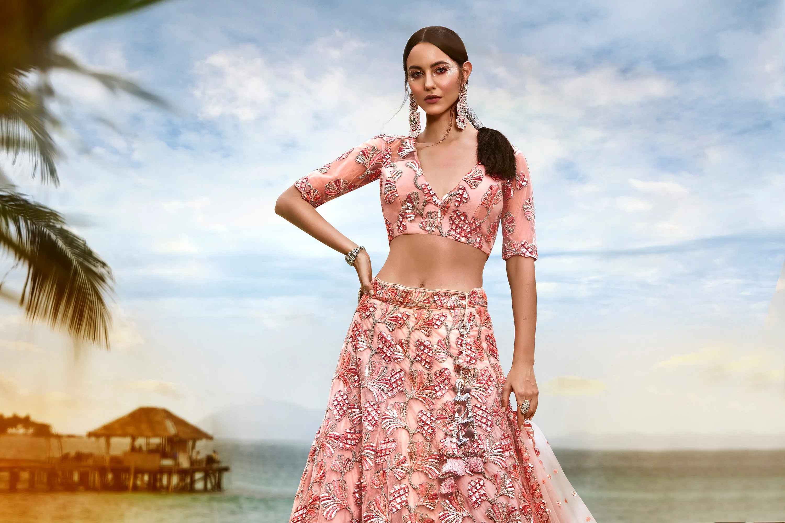 Coral Net Sequins and thread embroidery Semi-Stitched Lehenga choli & Dupatta