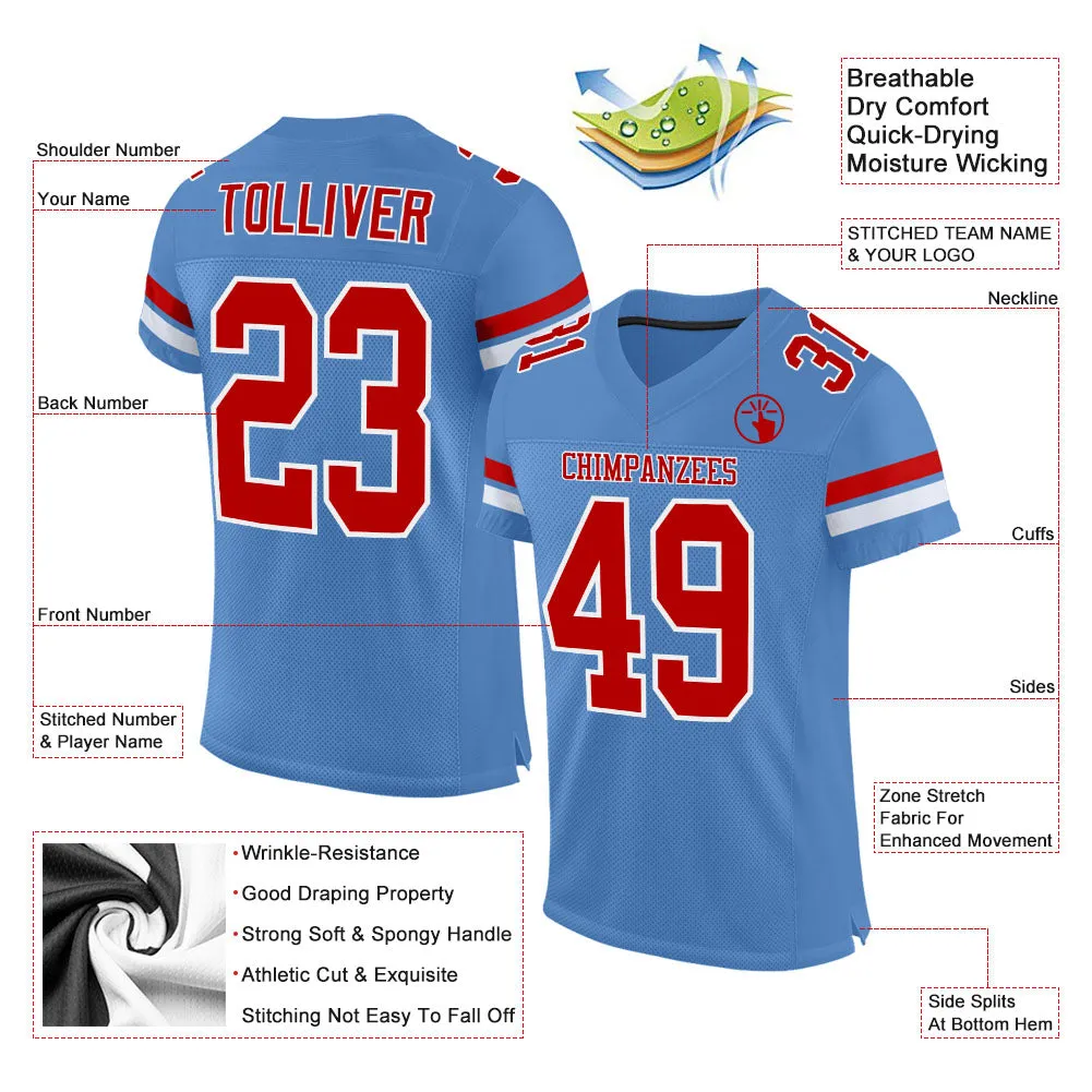 Custom Light Blue Red-White Mesh Authentic Football Jersey