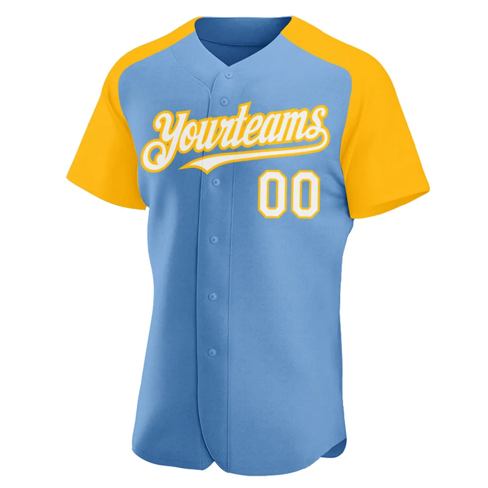 Custom Light Blue White-Gold Authentic Raglan Sleeves Baseball Jersey