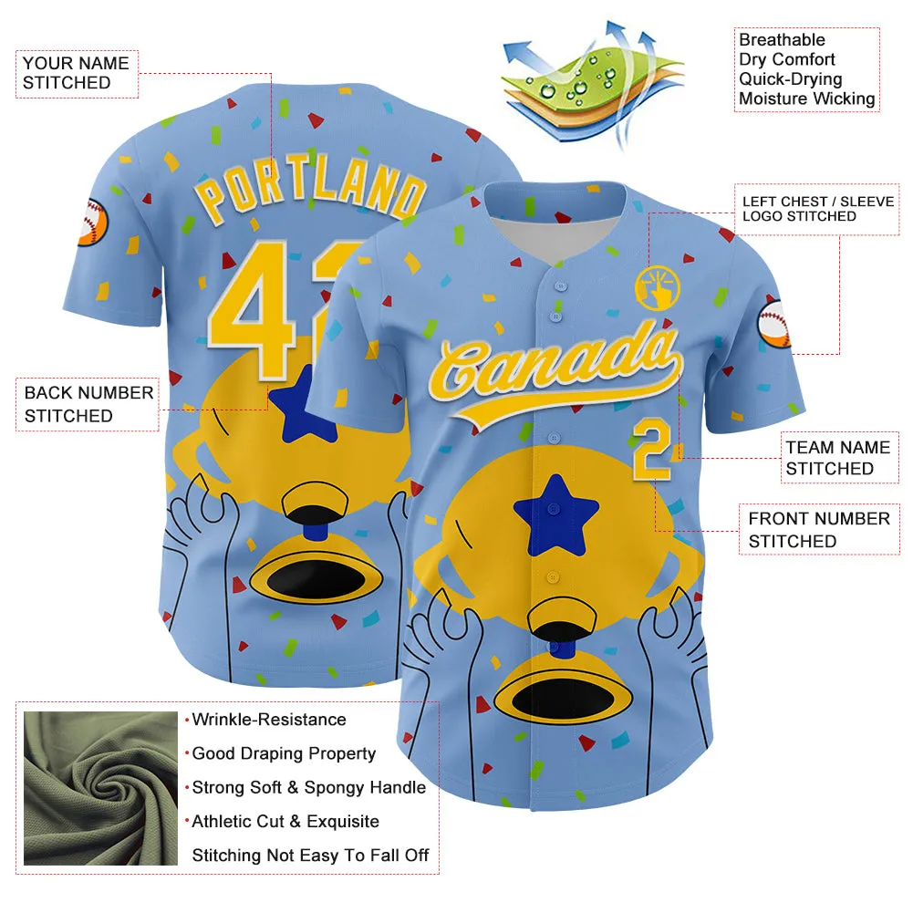 Custom Light Blue Yellow-White 3D Pattern Design Champion Trophy Authentic Baseball Jersey