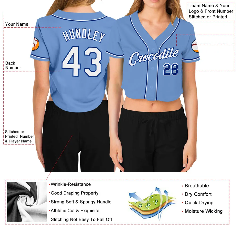 Custom Women's Light Blue White-Royal V-Neck Cropped Baseball Jersey