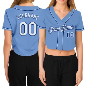 Custom Women's Light Blue White-Royal V-Neck Cropped Baseball Jersey