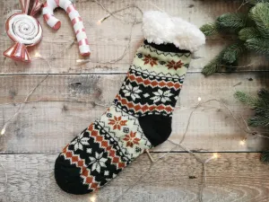 Dark Khaki Fairisle Fleece Lined Chunky Knit Slipper Socks