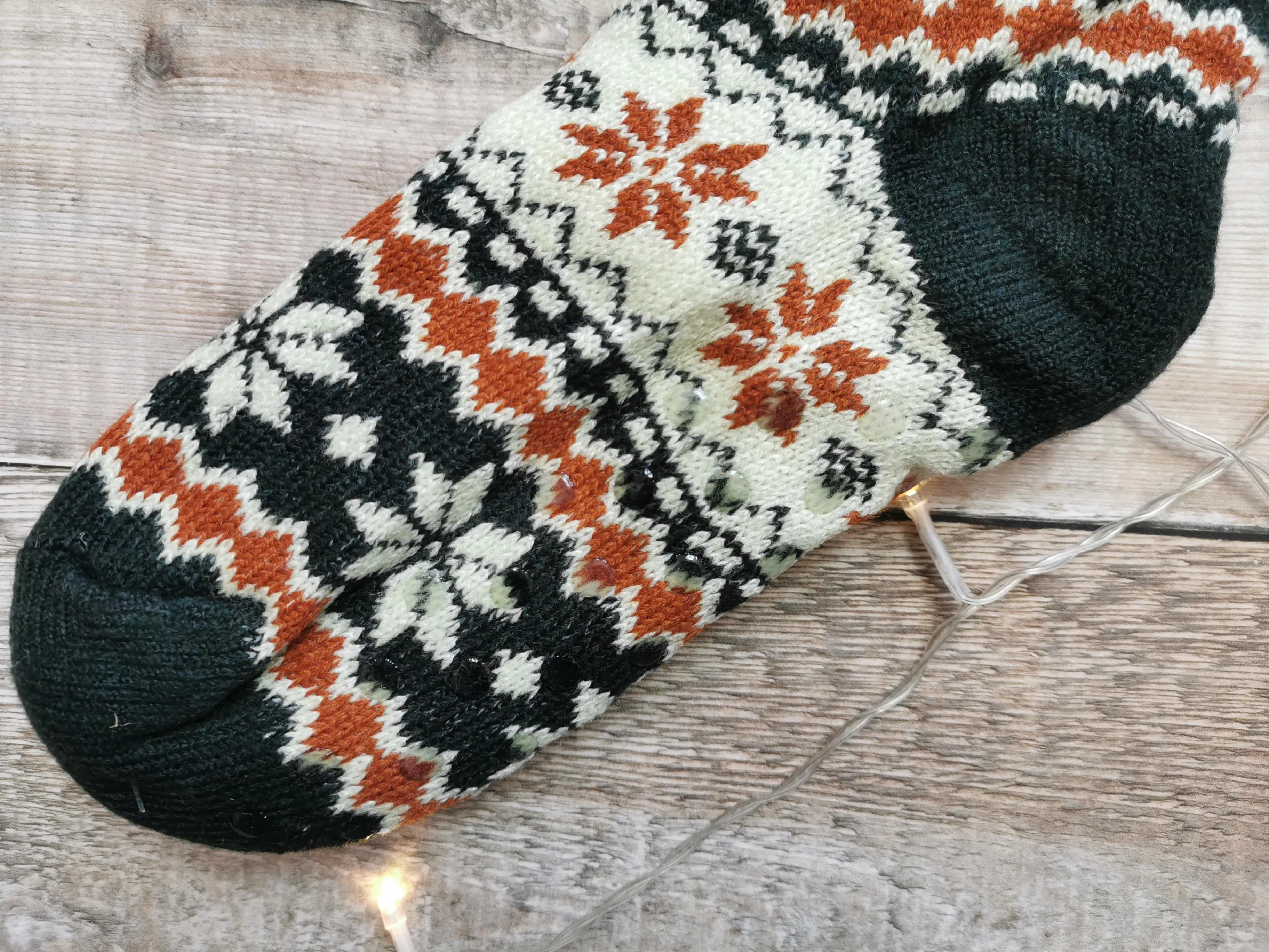 Dark Khaki Fairisle Fleece Lined Chunky Knit Slipper Socks