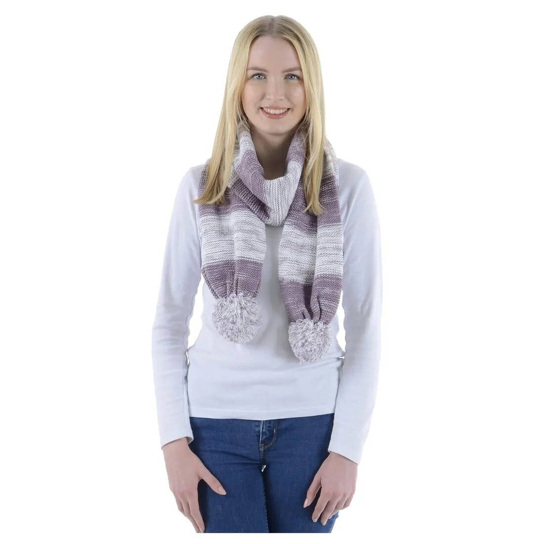 Drew Womens Knitted Scarf Marl Stripe & Large Pom Poms