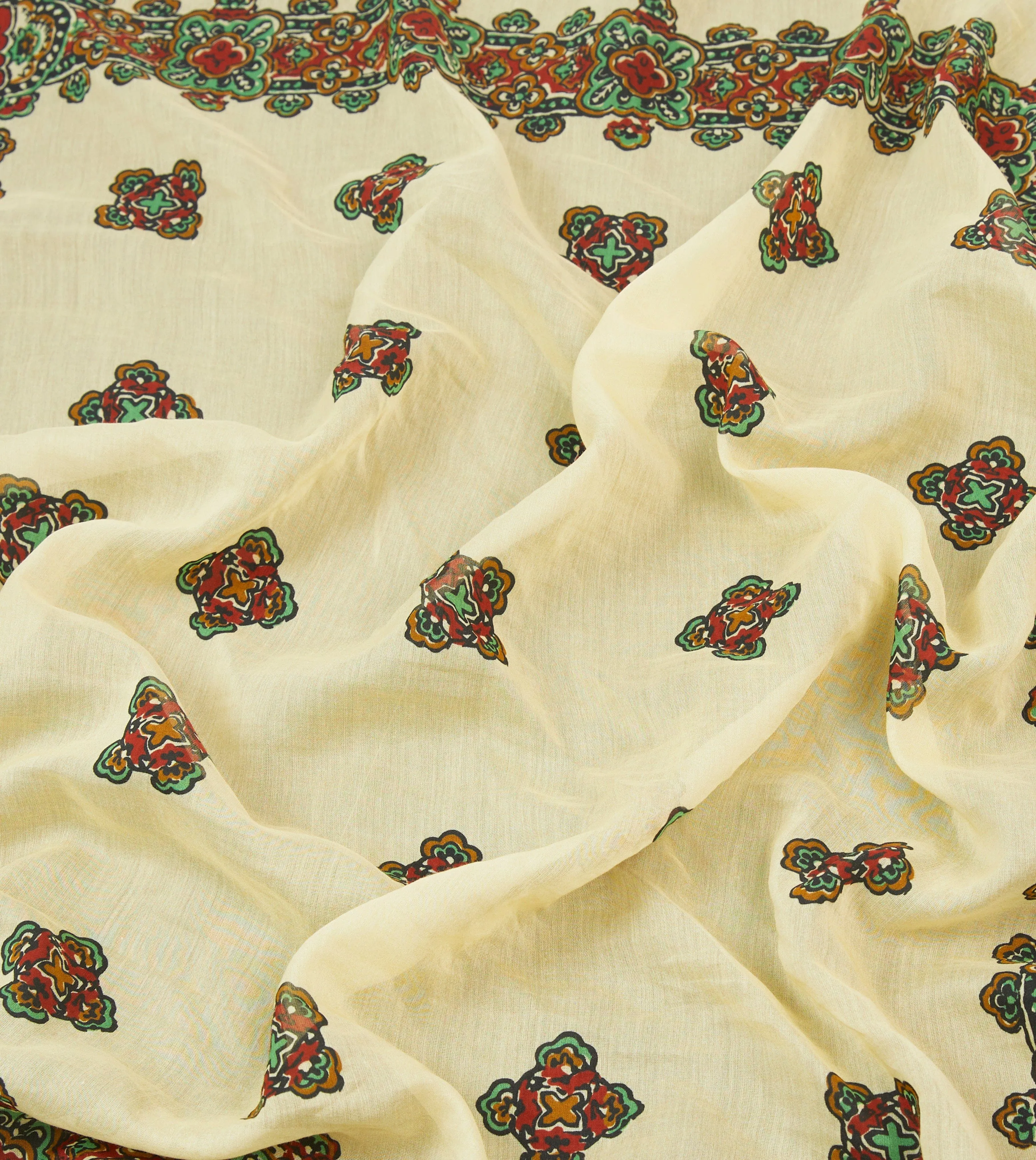 Ecru Medallion Print Cotton-Silk Bandana