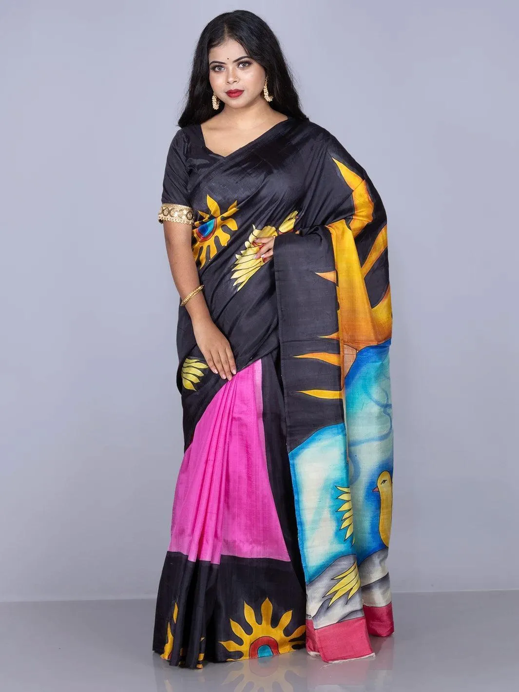 Elegant Hand Painted Bishnupuri Katan Silk Saree