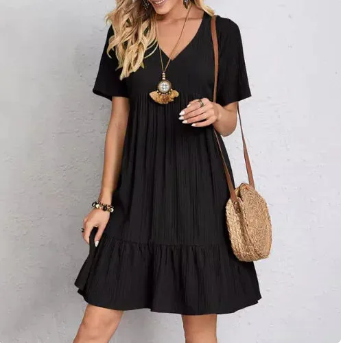 Elegant Solid Color V-Neck Midi Dress