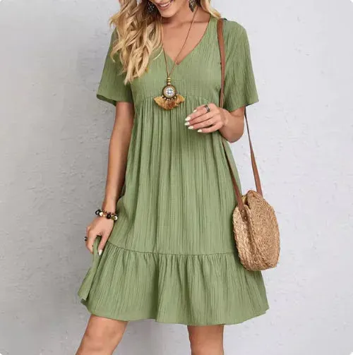 Elegant Solid Color V-Neck Midi Dress