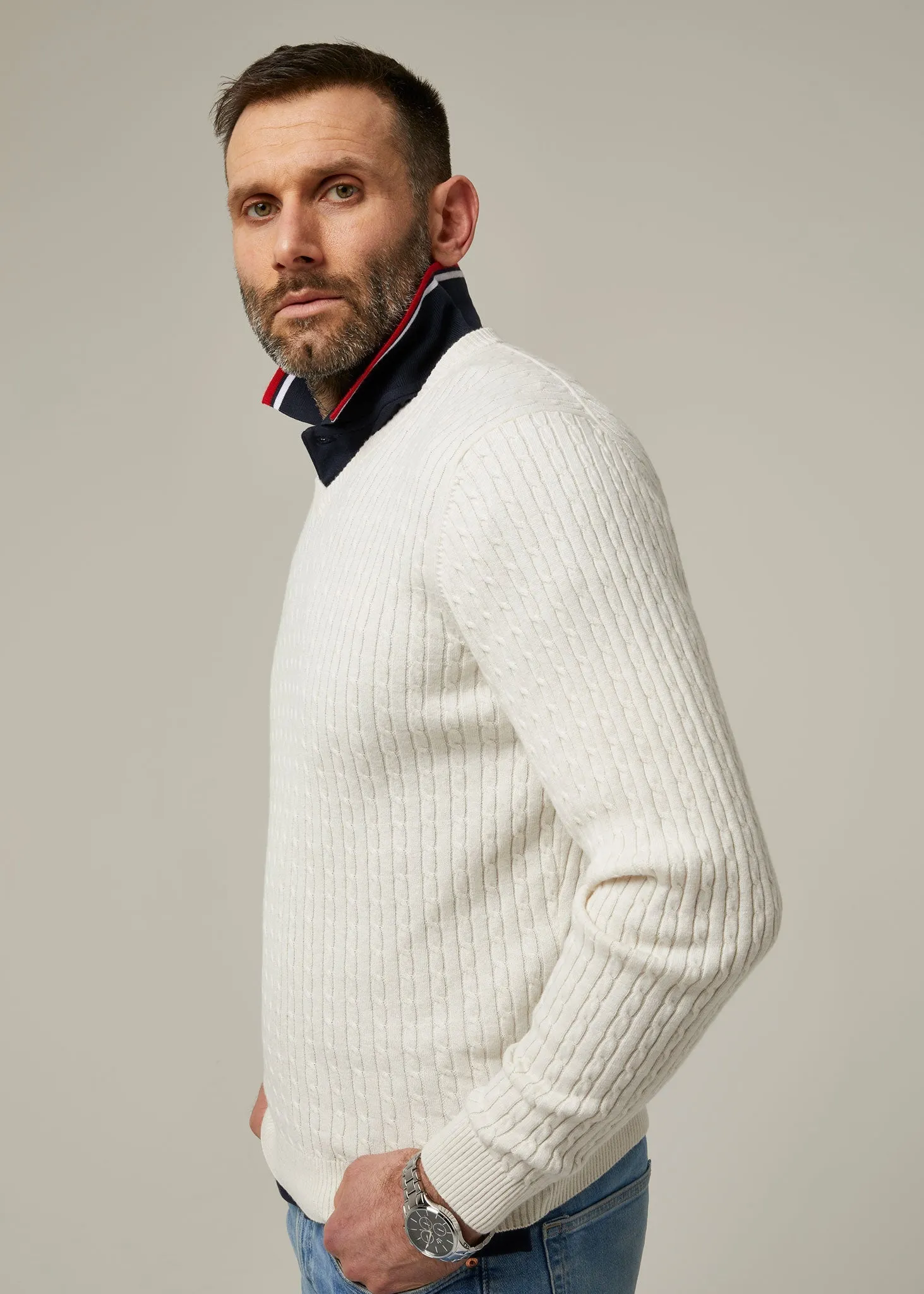 Elmstone Cable Vee Neck Jumper in Blonde & Dark Navy