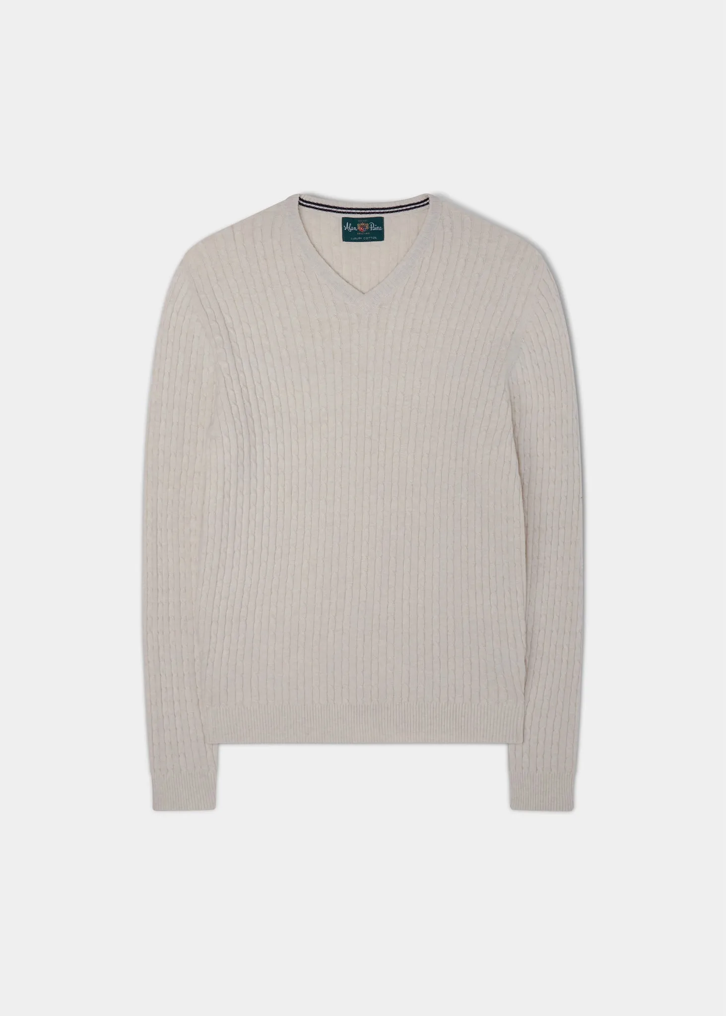 Elmstone Cable Vee Neck Jumper in Blonde & Dark Navy