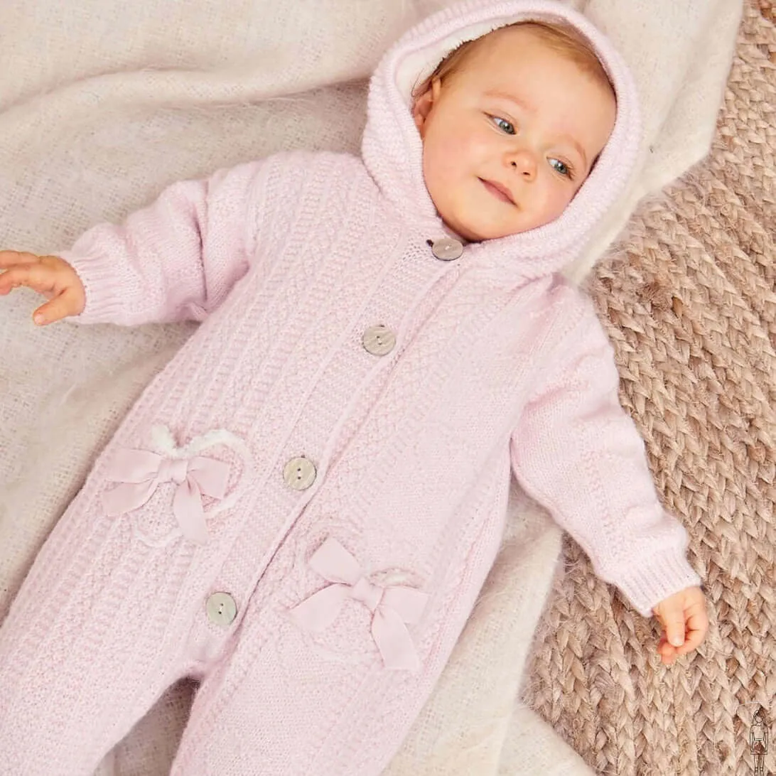 Girls Pink Woolen Knit Heart Pocket Snowsuit