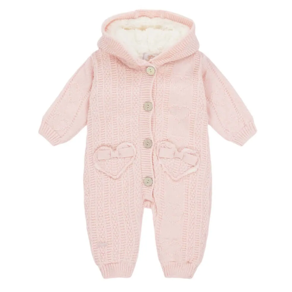 Girls Pink Woolen Knit Heart Pocket Snowsuit